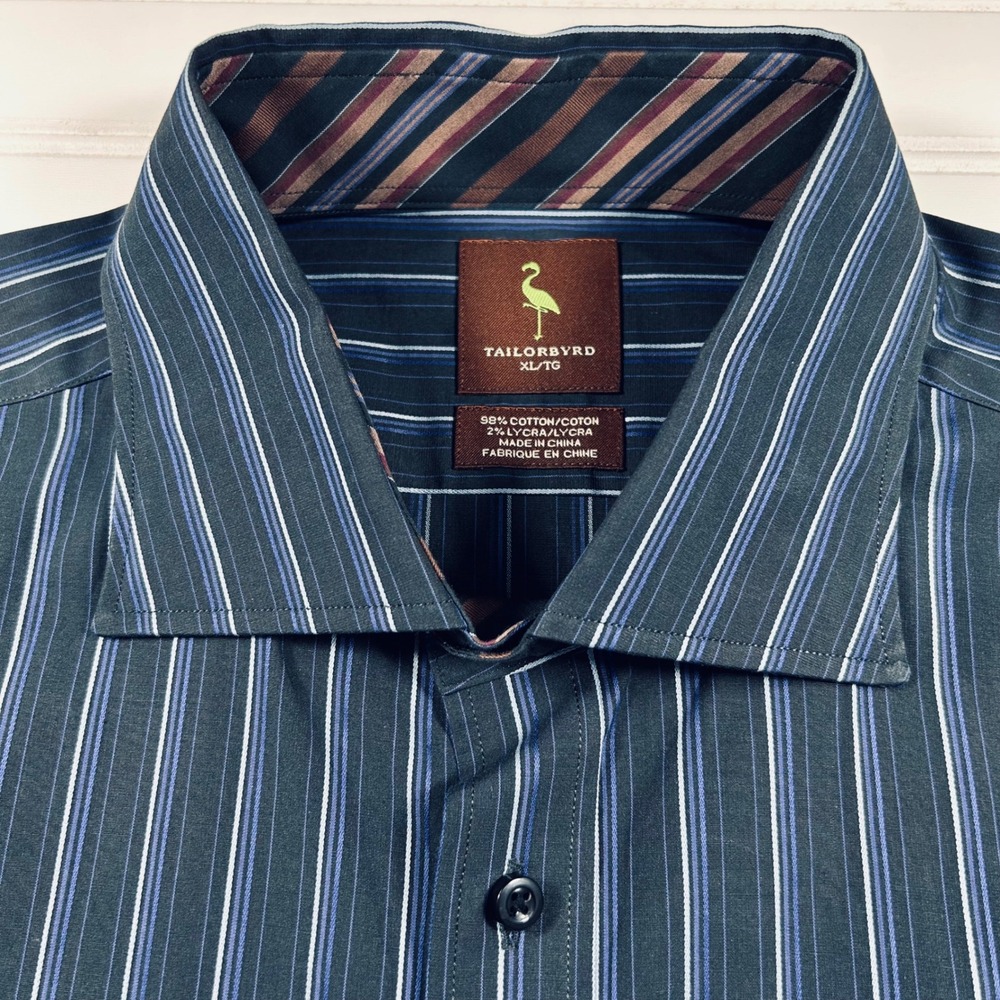 Tailorbyrd Multi Stripe Button Up Shirt Mens XL Navy Blue White Lycra Stretch